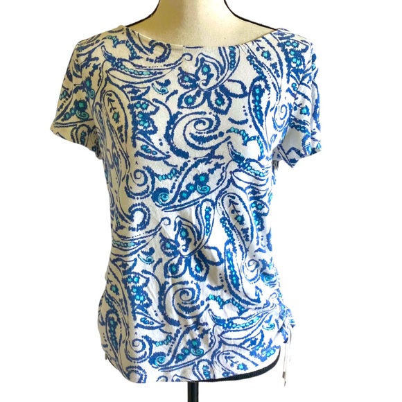 Chaps Tops - CHAPS RALPH LAUREN SHORT SLEEVE FLORAL TOP WITH SIDE DRAW STRINGS